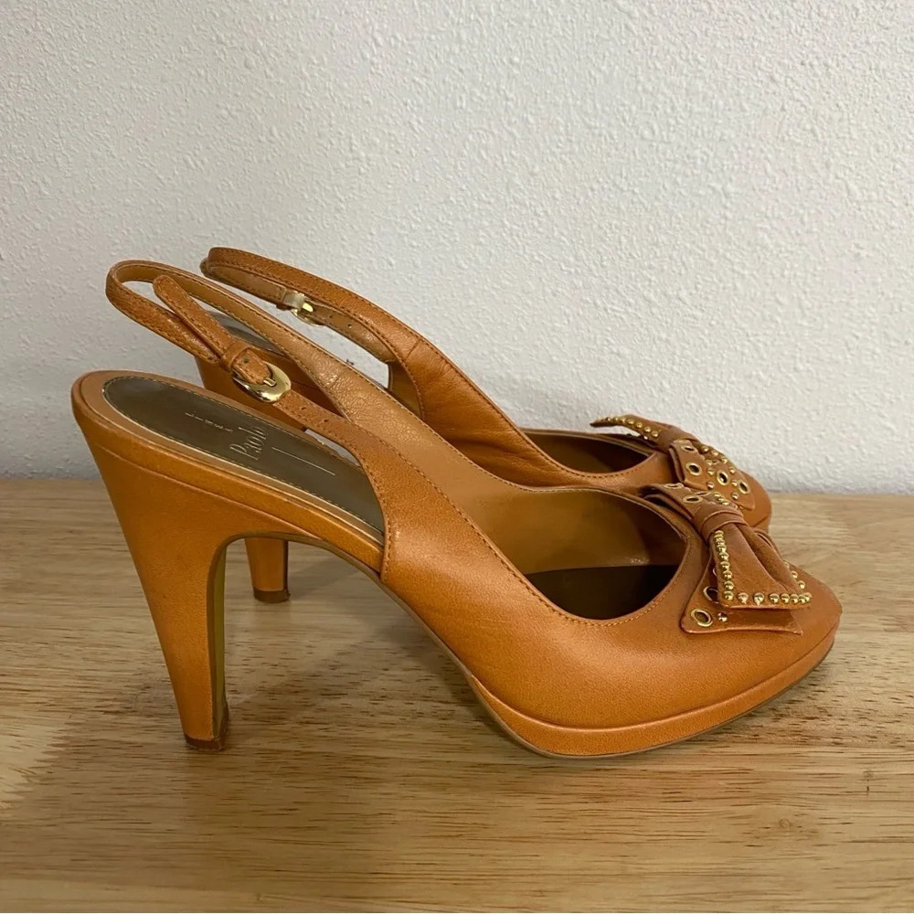 Paolo Peep Toe Pump Heels Studed Bow Tan Leather 7 W Wide Slingback